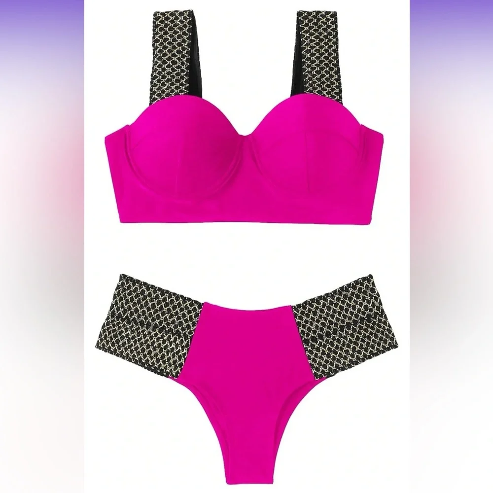 NWT. OOH LA LA Retro Moulded Cup Hot Pink Bikini w/Elastic Straps